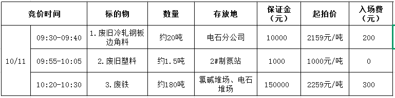 10月11日滁州华塑公司废旧物资处置招标公告